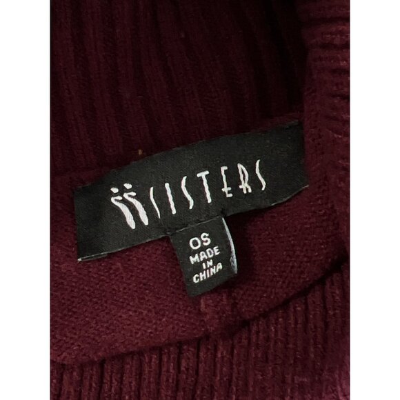 ii Sisters Poncho One Size Striped Ribbed Cowl Neck Burgundy Neutral Cozy Knit - Picture 3 of 6